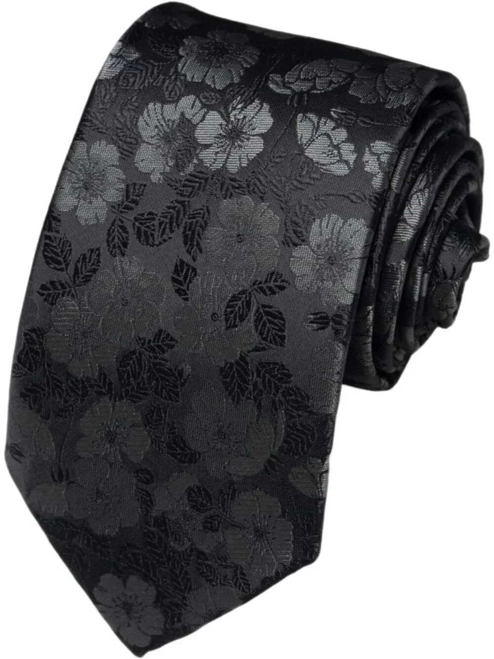 Men's Black 100% Microfiber Grey Floral Jacquard Formal Necktie For Business